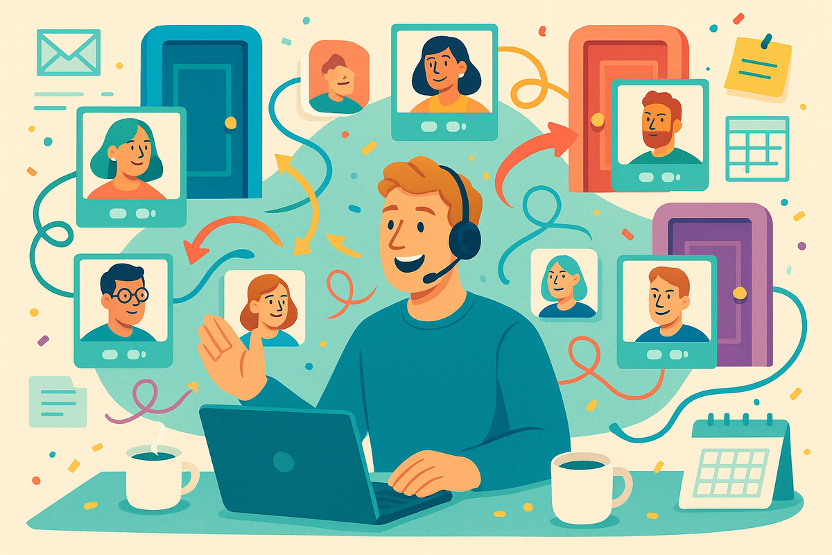 A remote facilitator organizes video-call participant tiles into Zoom-style breakout rooms across repeated rounds with CSV import and export cues.